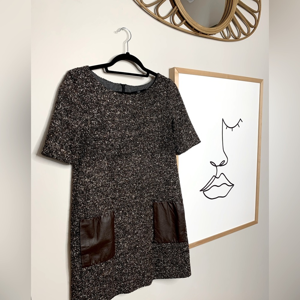 Tibi Tweed Soft Virgin Wool + Leather Pockets Shift Dress - Small - Picture 3 of 8